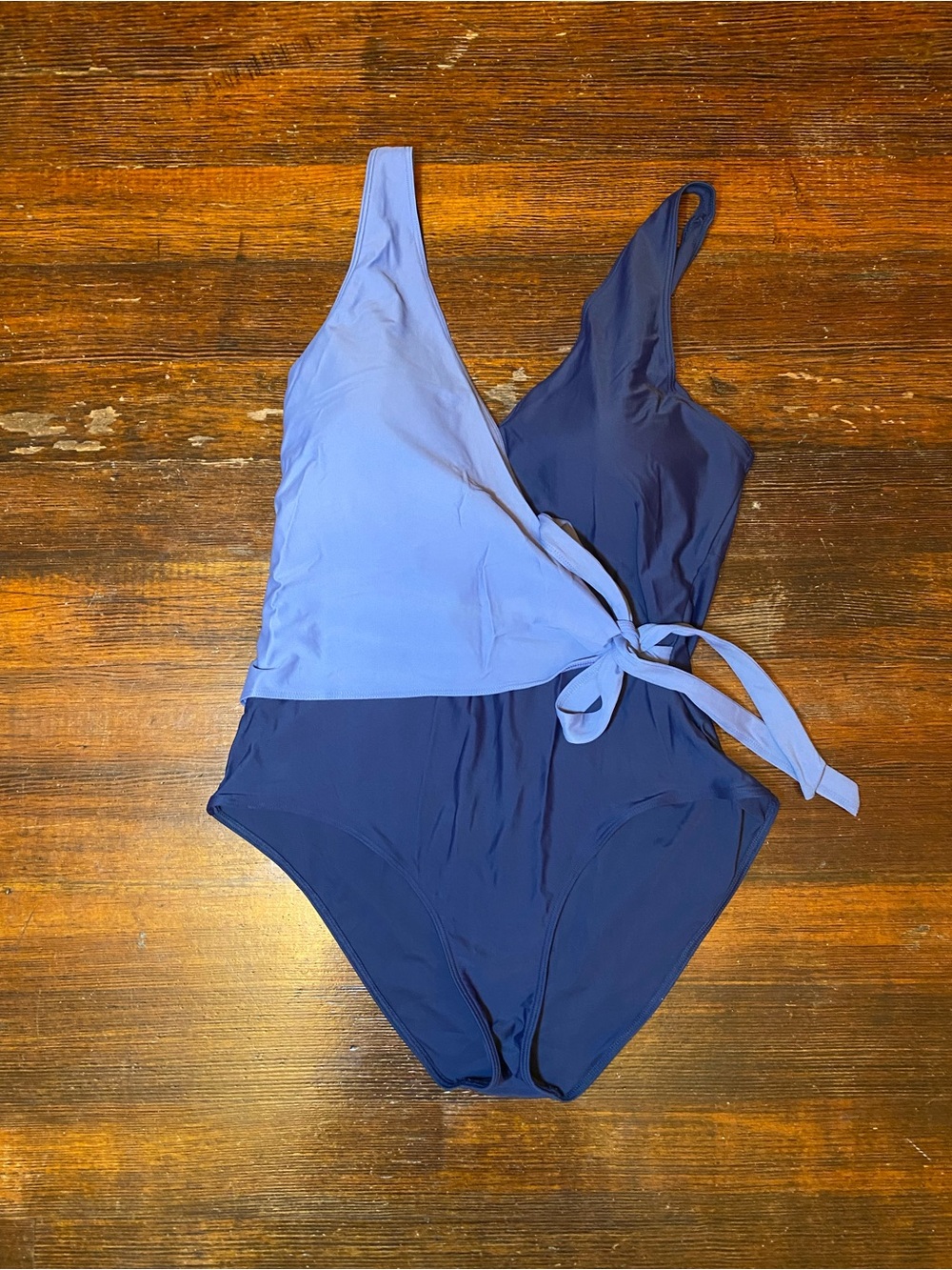 EUC Quince Italian Wrap Two-Tone Blue Crossover Front One-Piece Swimsuit